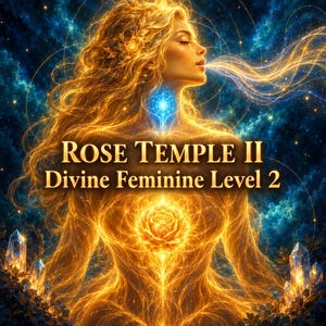 Könnte beinhalten: Eine digitale Illustration einer leuchtenden goldenen Figur mit langem Haar, einer Rose auf der Brust und Licht, das aus dem Hals strahlt, vor einem blauen Nebelhintergrund. Text: ROSE TEMPLE II Divine Feminine Level 2. Kristalle am unteren Rand.
