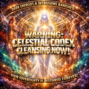 Peut inclure: Illustration numérique d'une figure lumineuse et éthérée, entourée d'éléments célestes. Le texte comprend "DARK ENERGIES & INTRUSIONS BANISHED" et "WARNING: CELESTIAL CODEX CLEANSING NOW!" avec la phrase "YOUR SOVEREIGNTY IS RESTORED FOREVER!"