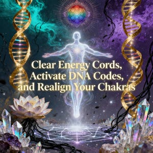 Può includere: Immagine eterea con una figura umana luminosa, braccia tese e colori vorticosi. Il testo recita "Clear Energy Cords, Activate DNA Codes, and Realign Your Chakras". Sono presenti anche filamenti di DNA dorati e cristalli.