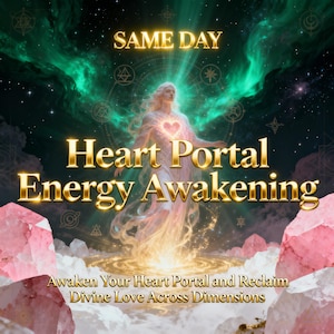 May include: Digital artwork with a celestial figure and a glowing heart against a cosmic backdrop of green and blue. The text reads "Heart Portal Energy Awakening" and "Awaken Your Heart Portal and Reclaim Divine Love Across Dimensions."