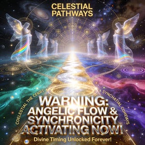 May include: Digital artwork with a celestial theme. It depicts angelic figures with glowing wings, a pathway of light, and text reading "CELESTIAL PATHWAYS" and "WARNING: ANGELIC FLOW & SYNCHRONICITY ACTIVATING NOW!" The background is a vibrant depiction of space.