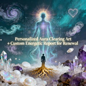 Puede incluir: Arte digital que presenta una figura humana brillante con un aura, rodeada de nubes arremolinadas, cristales y el texto "Personalized Aura Clearing Art + Custom Energetic Report for Renewal."