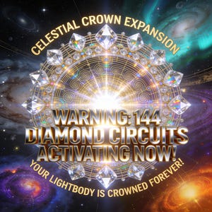 May include: A digital artwork featuring a celestial crown design with diamond accents and the text "CELESTIAL CROWN EXPANSION". The image includes the text "WARNING: 144 DIAMOND CIRCUITS ACTIVATING NOW!" and "YOUR LIGHTBODY IS CROWNED FOREVER!"