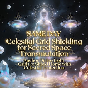 May include: Digital art featuring a celestial figure with outstretched arms, surrounded by glowing orbs, crystals, and geometric designs. The text reads "SAME DAY Celestial Grid Shielding for Sacred Space Transmutation."