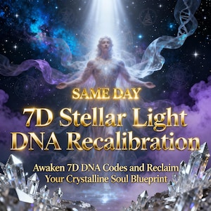May include: A digital artwork with a cosmic theme. It depicts a radiant figure with open arms, set against swirling purple and blue nebulae, and the text "SAME DAY 7D Stellar Light DNA Recalibration". Crystals are at the base of the image.