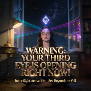 Puede incluir: Imagen con el texto "WARNING: YOUR THIRD EYE IS OPENING RIGHT NOW!". Una mujer medita con los ojos cerrados. Un diamante y un ojo brillantes flotan sobre su cabeza. La imagen está ambientada en una habitación con una ventana y un cielo estrellado.