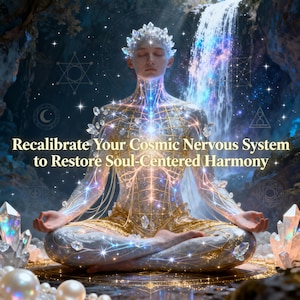 May include: A digital illustration shows a person meditating in a lotus position, surrounded by crystals and a waterfall. The figure is adorned with glowing lines and geometric patterns, with the text "Recalibrate Your Cosmic Nervous System to Restore Soul-Centered Harmony."