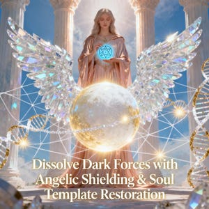 May include: An illustration of an angelic figure with crystal wings and a glowing orb, holding a blue geometric symbol. The image has a celestial theme with text that reads "Dissolve Dark Forces with Angelic Shielding & Soul Template Restoration."