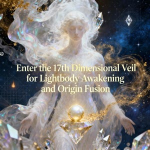 May include: Digital art featuring a luminous figure with flowing white and gold elements, surrounded by crystals and a celestial background. Text reads "Enter the 17th Dimensional Veil for Lightbody Awakening and Origin Fusion."