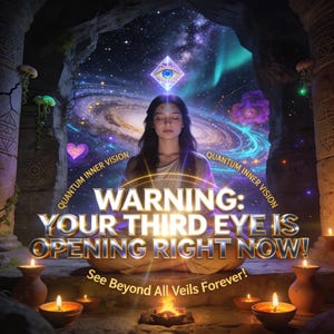 Peut inclure: Illustration numérique d'une personne méditant avec un symbole de troisième œil. Le texte "WARNING: YOUR THIRD EYE IS OPENING RIGHT NOW! See Beyond All Veils Forever!" est inclus. Des bougies et une galaxie en arrière-plan sont également visibles.
