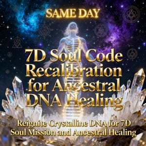 Pode incluir: Imagem de arte digital com tema celestial. O texto diz "SAME DAY" no topo, com "7D Soul Code Recalibration for Ancestral DNA Healing" em letras douradas. A imagem inclui uma figura humana e cristais.