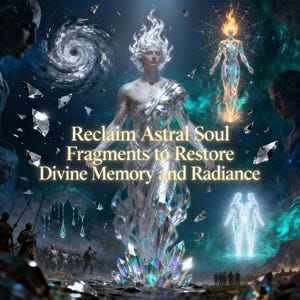 May include: A digital art piece featuring a celestial figure with silver hair and a shimmering, translucent form. The artwork includes text that reads "Reclaim Astral Soul Fragments to Restore Divine Memory and Radiance."