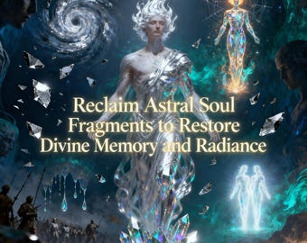 May include: A digital art piece featuring a celestial figure with silver hair and a shimmering, translucent form. The artwork includes text that reads "Reclaim Astral Soul Fragments to Restore Divine Memory and Radiance."