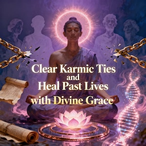 Peut inclure: Illustration numérique d'une personne méditant avec une aura lumineuse, une fleur de lotus et des brins d'ADN. Le texte dit "Clear Karmic Ties and Heal Past Lives with Divine Grace". Des chaînes et des parchemins dorés sont également présents.