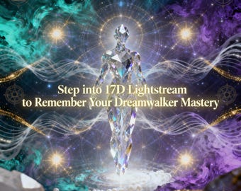 May include: A digital illustration features a crystalline figure in a cosmic setting with swirling teal, purple, and gold hues. Text reads "Step into 17D Lightstream to Remember Your Dreamwalker Mastery."