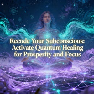 Peut inclure: Illustration numérique d'une personne méditant en position du lotus, entourée d'énergie tourbillonnante turquoise et violette. Le texte "Recode Your Subconscious: Activate Quantum Healing for Prosperity and Focus" est inclus.