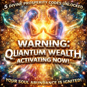 May include: Digital art with a golden and orange color scheme. Two figures face each other with hands touching, surrounded by light and energy. Text reads "5 DIVINE PROSPERITY CODES UNLOCKED" and "WARNING: QUANTUM WEALTH ACTIVATING NOW!" with "YOUR SOUL ABUNDANCE IS IGNITED!"