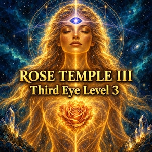 May include: A digital illustration of a figure with closed eyes, glowing in golden light against a blue cosmic background. A bright blue third eye symbol sits on the forehead. A golden rose rests on the chest. Text reads: ROSE TEMPLE III Third Eye Level 3.