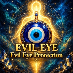 May include: A circular blue and white evil eye pendant featuring a central black pupil, set within an ornate gold frame. The text EVIL EYE and Evil Eye Protection is displayed in gold lettering below the pendant against a cosmic background.