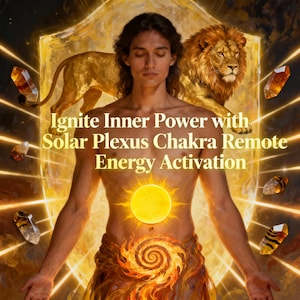 Puede incluir: Ilustración digital que presenta a una persona con los ojos cerrados, un león y un escudo. La imagen incluye el texto "Ignite Inner Power with Solar Plexus Chakra Remote Energy Activation". También hay cristales y un símbolo del sol.