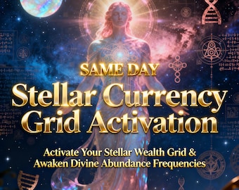 Könnte beinhalten: Digitales Kunstwerk einer himmlischen Frau in fließenden Gewändern, die vor einem kosmischen Hintergrund strahlt. Der goldene Text lautet "SAME DAY Stellar Currency Grid Activation", mit zusätzlichem Text zur Förderung von Reichtum und Fülle.