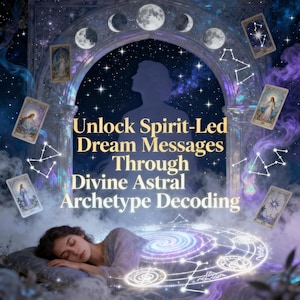 May include: An ethereal image featuring a woman sleeping, surrounded by celestial elements. The text reads "Unlock Spirit-Led Dream Messages Through Divine Astral Archetype Decoding." Tarot cards and constellations are also present.