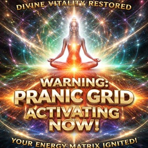 Puede incluir: Arte digital que presenta una figura meditando con un aura brillante, sobre un fondo de líneas de energía coloridas y estrellas. El texto dice "DIVINE VITALITY RESTORED" y "WARNING: PRANIC GRID ACTIVATING NOW!" con "YOUR ENERGY MATRIX IGNITED!" en la parte inferior.