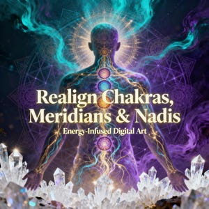Peut inclure: Œuvre d'art numérique représentant une silhouette humaine avec des lignes d'énergie lumineuses et des symboles de chakras. Le texte "Realign Chakras, Meridians & Nadis" est affiché. Thème spirituel avec des motifs géométriques et des cristaux.