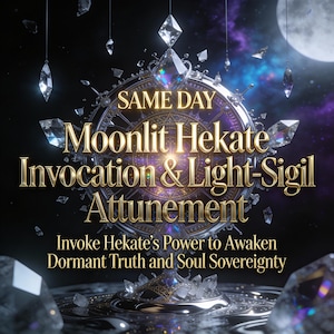 May include: A digital art piece featuring a celestial theme with a central circular design. The text reads "SAME DAY Moonlit Hekate Invocation & Light-Sigil Attunement." Sparkling crystals and a full moon are also visible.