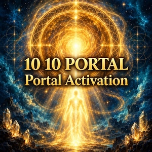 May include: A digital illustration featuring a glowing golden human silhouette standing beneath a radiant circular portal. The text 10 10 PORTAL Portal Activation is centred in gold lettering. The scene includes crystalline structures and blue clouds.