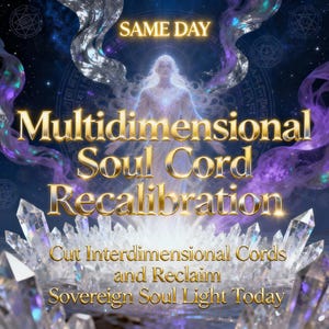 Może przedstawiać: Grafika cyfrowa z tekstem "SAME DAY Multidimensional Soul Cord Recalibration". Obraz przedstawia niebiańską postać, kryształy i wirujące fioletowe i srebrne elementy na tle gwiaździstego nieba. Obecny jest również tekst "Cut Interdimensional Cords and Reclaim Sovereign Soul Light Today".