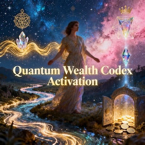 May include: Digital art featuring a woman in a flowing gown, standing before a celestial background with the text "Quantum Wealth Codex Activation." A river of light flows towards an open door filled with gold coins, with other mystical elements.