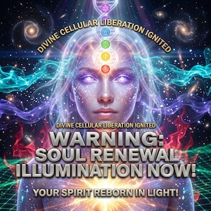 May include: Digital art featuring a woman's face with glowing eyes and a galaxy background. The image includes text that reads "Divine Cellular Liberation Ignited" and "Warning: Soul Renewal Illumination Now!"