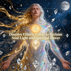 Può includere: Illustrazione digitale di una figura celeste con capelli biondi fluenti e un'aura radiosa. L'immagine include forme geometriche, cristalli e una luna. Il testo recita: "Sciogli i cordoni eterici per reclamare la luce dell'anima e il potere spirituale."