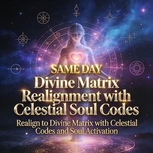 May include: Digital artwork depicting a woman with a glowing heart, encircled by celestial symbols and text. The text states "SAME DAY Divine Matrix Realignment with Celestial Soul Codes" and "Realign to Divine Matrix with Celestial Codes and Soul Activation."