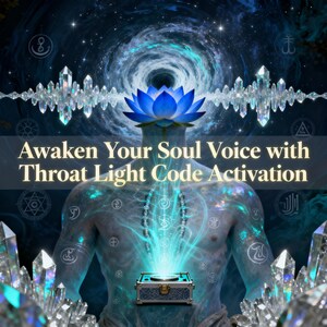 May include: Digital art featuring a figure with a blue lotus flower head, surrounded by crystals and a swirling galaxy. The text reads "Awaken Your Soul Voice with Throat Light Code Activation."