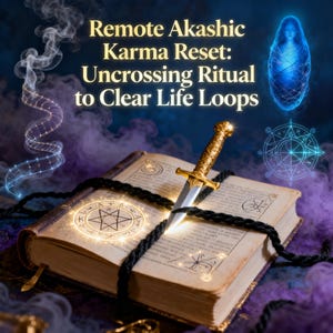 May include: An open book with a dagger through it, tied with black rope. The book has glowing symbols and the text "Remote Akashic Karma Reset: Uncrossing Ritual to Clear Life Loops". The background is dark with mystical elements.