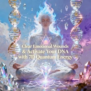 May include: Digital art featuring a meditating figure with a glowing aura, surrounded by crystals and DNA strands. The image has text that reads "Clear Emotional Wounds & Activate Your DNA with 7D Quantum Energy."