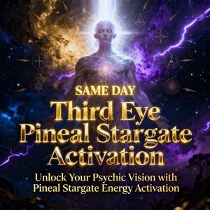 May include: Digital art featuring a figure with a glowing chest and head, surrounded by celestial elements. The text reads "SAME DAY Third Eye Pineal Stargate Activation" and "Unlock Your Psychic Vision with Pineal Stargate Energy Activation."