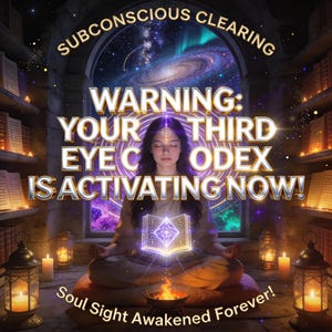 Può includere: Opera d'arte digitale raffigurante una donna che medita con un libro luminoso, circondata da candele e librerie. Il testo include "Subconscious Clearing", "Warning: Your Third Eye Codex Is Activating Now!" e "Soul Sight Awakened Forever!"