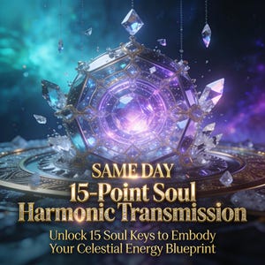Op de afbeelding: Een digitale afbeelding van een geometrische kristalstructuur met een gloeiende paarse kern, omringd door kleinere kristallen. De tekst "SAME DAY 15-Point Soul Harmonic Transmission" staat in gouden letters. Het beeld heeft een hemels thema.