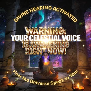 May include: An image with the text "DIVINE HEARING ACTIVATED" and "WARNING: YOUR CELESTIAL VOICE IS AWAKENING RIGHT NOW!". A woman is meditating in front of a cosmic background. Lit candles surround her, with the words "Hear the Universe Speak to You!"
