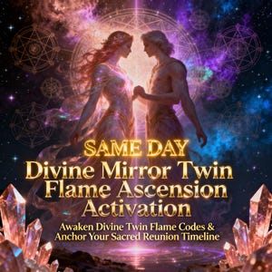 以下が含まれることがあります： デジタルアート。男性と女性が向かい合い、手が触れ合っている。背景は星空で、「SAME DAY Divine Mirror Twin Flame Ascension Activation」の文字。下部にはクリスタルが描かれています。テーマはスピリチュアル。
