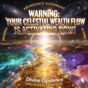 Op de afbeelding: Digitale kunst met een hemels thema. De afbeelding toont een gouden pad dat naar een helder licht leidt, met de tekst "WARNING: YOUR CELESTIAL WEALTH FLOW IS ACTIVATING NOW!" en "Divine Opulence UNLOCKED FOREVER!"