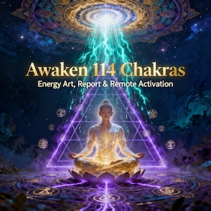 Może przedstawiać: Cyfrowe dzieło sztuki przedstawiające medytującą postać w pozycji lotosu, emanującą złotym światłem. Obraz umieszczony jest na kosmicznym tle z tekstem "Awaken 114 Chakras" i "Energy Art, Report & Remote Activation".