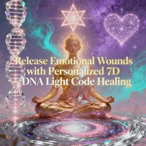 Puede incluir: Ilustración digital de una figura meditando con túnicas doradas, rodeada de elementos celestiales. La imagen incluye una cadena de ADN, una estrella y una constelación en forma de corazón. El texto dice "Release Emotional Wounds with Personalized 7D DNA Light Code Healing."