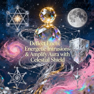 Può includere: Illustrazione digitale artistica con un grande globo di cristallo sfaccettato sopra una forma di cristallo più grande. L'immagine include una luna piena, uno scudo e il testo "Deflect Energetic Intrusions & Amplify Aura with Celestial Shield."