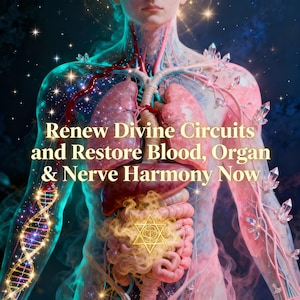 May include: Digital illustration of a human figure with internal organs and veins highlighted in pink and red. The figure is overlaid with text that reads "Renew Divine Circuits and Restore Blood, Organ & Nerve Harmony Now". The background is a dark blue with stars.