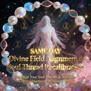 May include: An ethereal image featuring a central female figure with outstretched arms, surrounded by a pearl and DNA strand-like border. The text reads "SAME DAY Divine Field Alignment & Soul Thread Recalibration". Additional text: "Realign Your Soul Threads & Activate Celestial Harmonic Resonance Now".