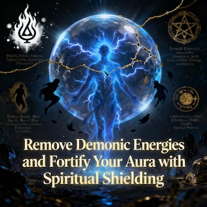 Può includere: Illustrazione digitale di una figura blu brillante all'interno di una sfera energetica incrinata con effetti di fulmini. L'immagine include il testo: "Remove Demonic Energies and Fortify Your Aura with Spiritual Shielding."